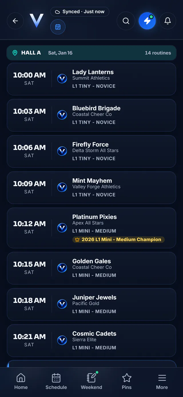 Performance order for Hall A on Saturday, January 16: 14 routines listed by start time with team, gym and division. One team carries a crown badge reading 2026 L1 Mini Medium Champion.