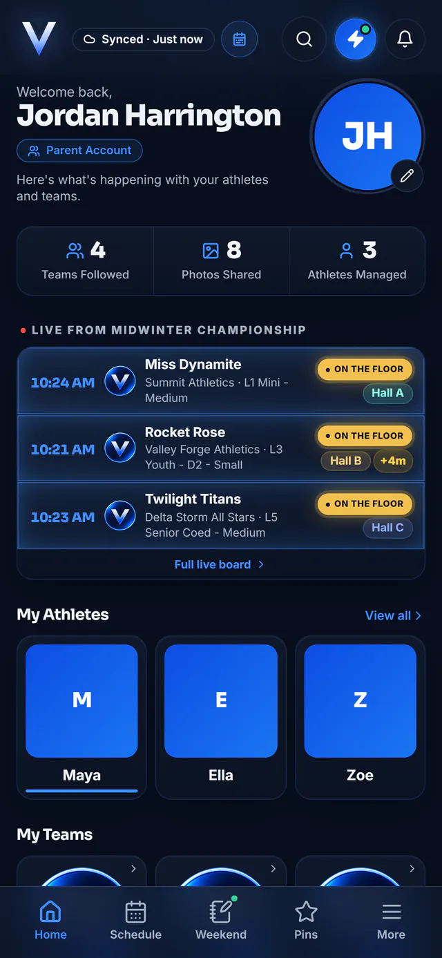 A parent's home screen: 4 teams followed and 3 athletes managed, a live strip from Midwinter Championship showing the team on the floor in Halls A, B and C, and the athletes Maya, Ella and Zoe.