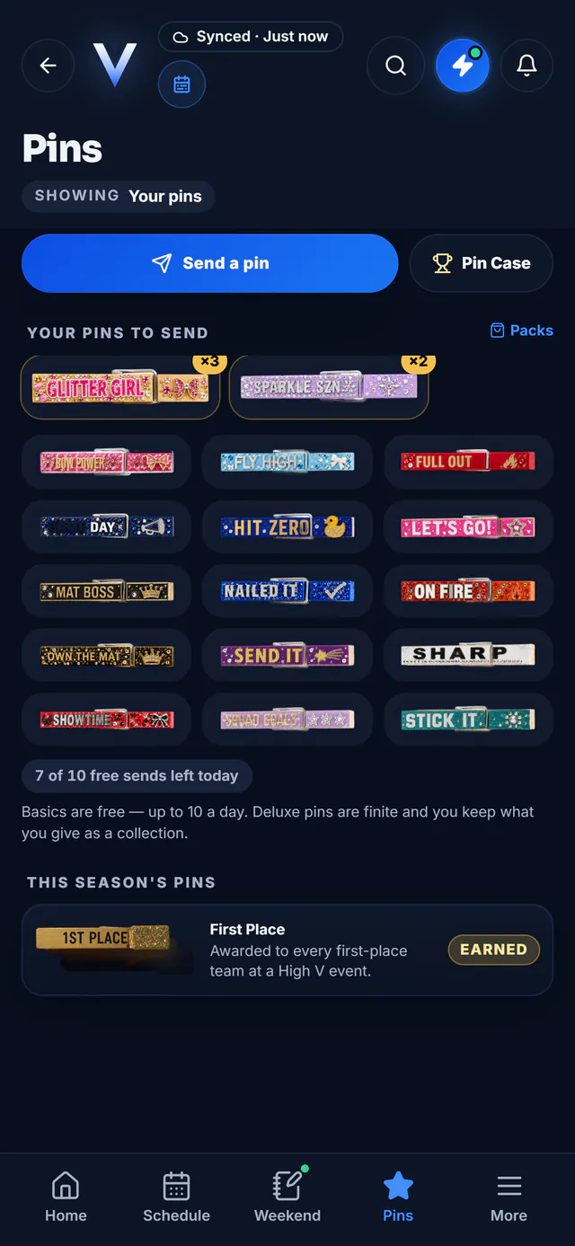 The Pins screen: Send a pin and Pin Case buttons, a grid of pins to send, 7 of 10 free sends left today, and a First Place pin marked earned this season.