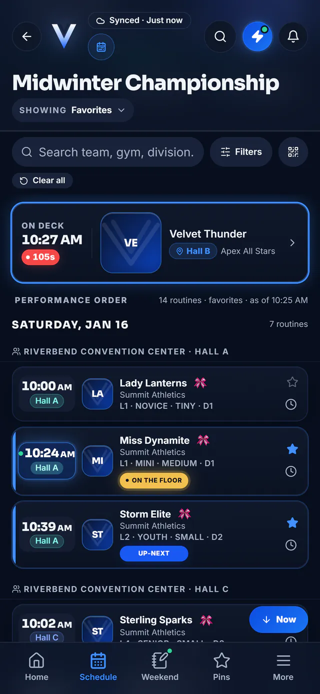 The schedule showing only favorites: an on-deck card for Velvet Thunder with a 105 second countdown, then starred teams by hall, one on the floor and one up next.
